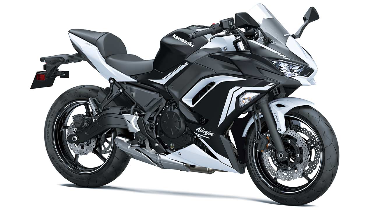 Die Ninja 650 anno 2020 in der Farbgebung „Stardust White/Metallic Flat Spark Black“.