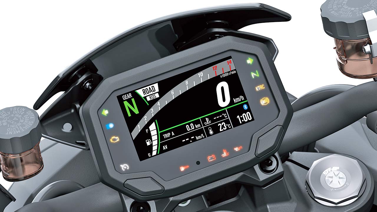 Auch bei Kawasaki neigt sich die Ära der kristallin-monochromen Displays dem Ende entgegen und macht dem Vierfarb-TFT-Zeitalter Platz. Cockpit der neuen Z H2.