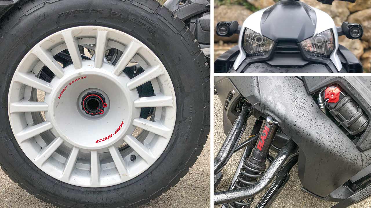 Details aus dem Ryker-Universum: Schicke Felgen (li.) und grimmiger Blick (re. o.) des Ryker Rally, hochwertiges KYB-Fahrwerk im Ryker Sport (re. u.).