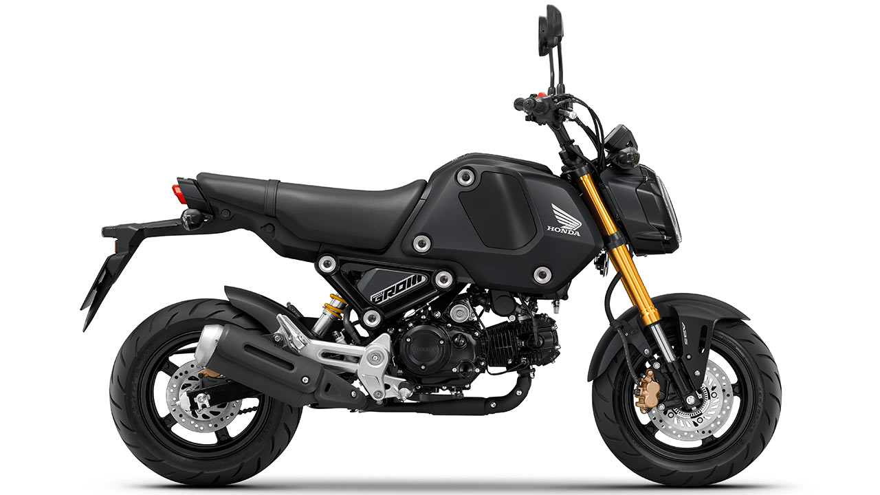 Honda MSX125, Modelljahr 2021, in der Farbe „Matt Gunpowder Black Metallic“.
