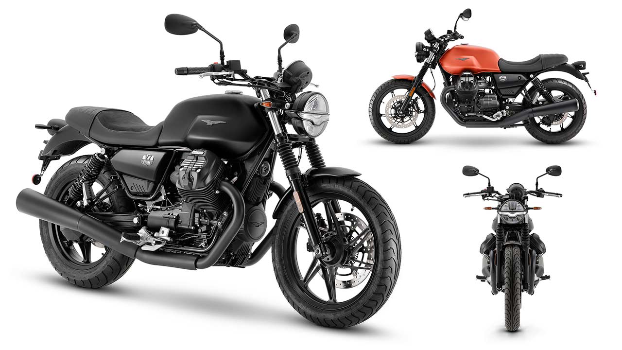 Die Moto Guzzi V7 des Modelljahres 2021, hier in der Version „Stone“, die zunächst in Schwarz, Blau und Kupferrot bestellbar sein wird.