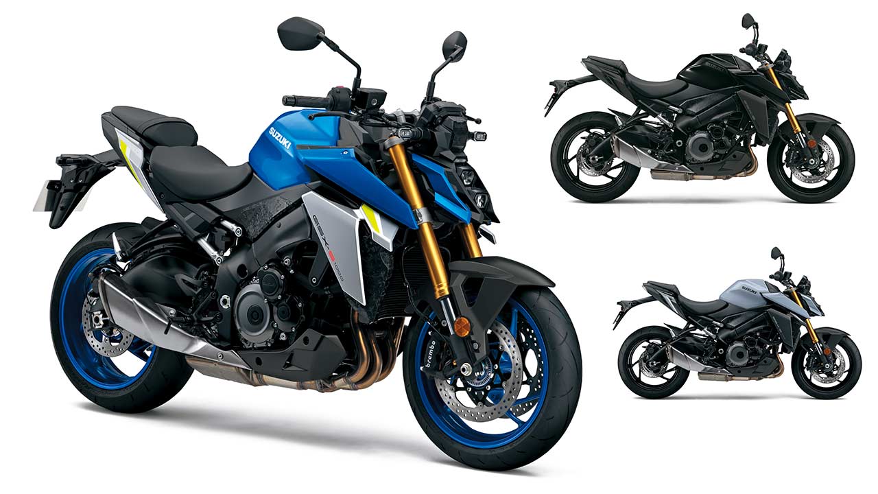 Die Farben der Suzuki GSX-S 1000 anno 2021: Blau („Metallic Triton Blue“), Schwarz („Glass Sparkle Black“) sowie Grau („Glass Mat Mechanical Gray“).