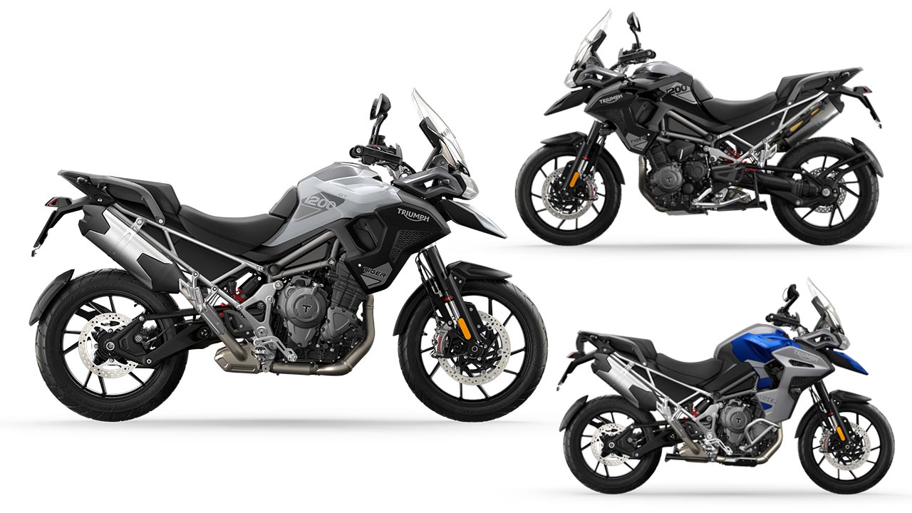 Die GT-Versionen setzen auf Alugussräder und die Raddimensionen 19 Zoll vorne und 18 Zoll hinten: Triumph Tiger 1200 GT (li.), GT Pro (re. o.) und GT Explorer (re. u.)