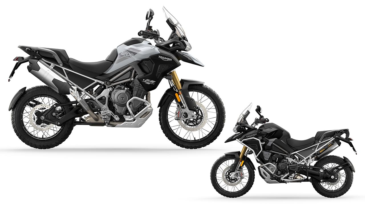 Bei den Rally-Varianten kommen bespeichte 21-Zoll-/18-Zoll-Räder zum Einsatz: Tiger 1200 Rally Pro (li.) und Rally Explorer (re.). Aufwändig konstruiert: Die „Tri-Link“-Kardanschwinge der Neuauflage.