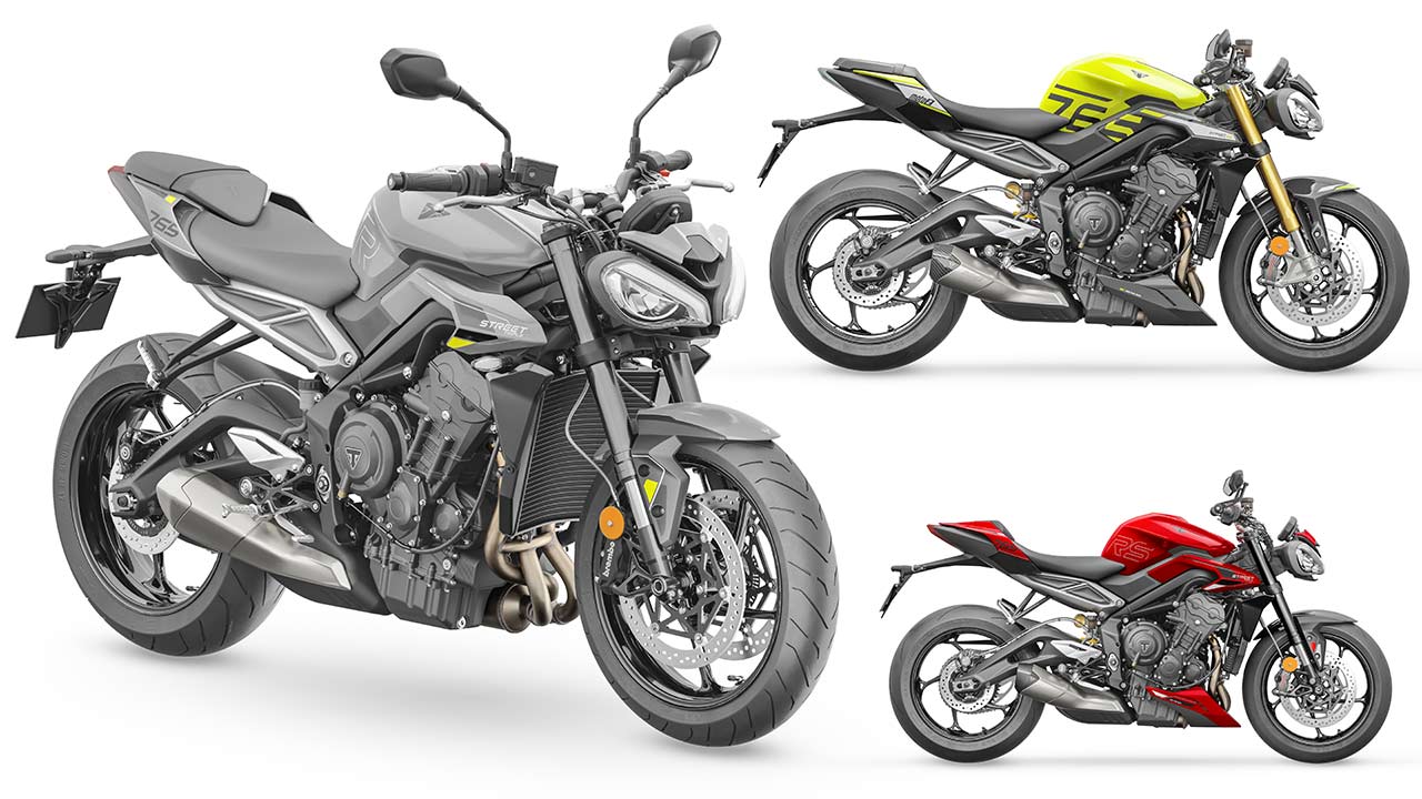 In drei Modellvarianten geht die Street Triple ab nächstem Jahr ins Rennen: Als R (links), als RS (re. unten) sowie in einer limitierten „Moto 2 Edition“ (re. oben).