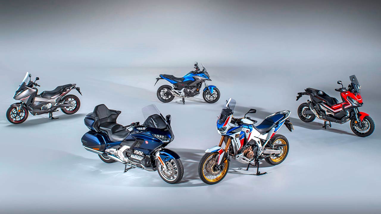 Aktuelle Honda-Modelle, die man mit DCT ordern kann (v.l.): Integra, Goldwing, NC750, Africa Twin und X-ADV.