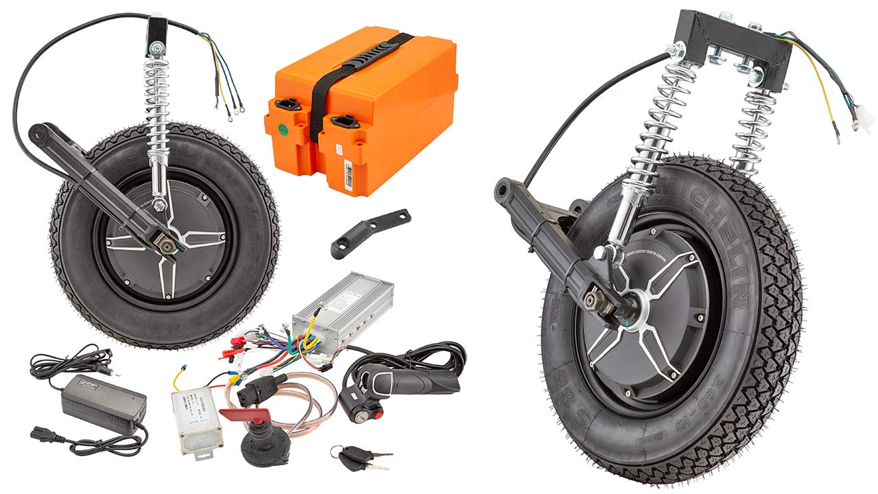 Die Teile-Range des Kits ist überschaubar, rechts ist das Heck-Konstrukt samt Schwinge und Radnabenmotor nochmals vergrößert dargestellt.