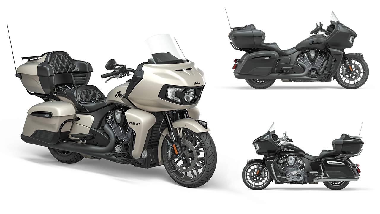 Indian bietet die Pursuit in der Version „Limited“ (ab 34.190 Euro) in der Farbe „Black Metallic“ (re.u.) an, zudem in der Variante „Dark Horse“ (ab 34.440 Euro) in „Black Smoke“ (re.o.) und „Silver Quartz Smoke“ (li.).